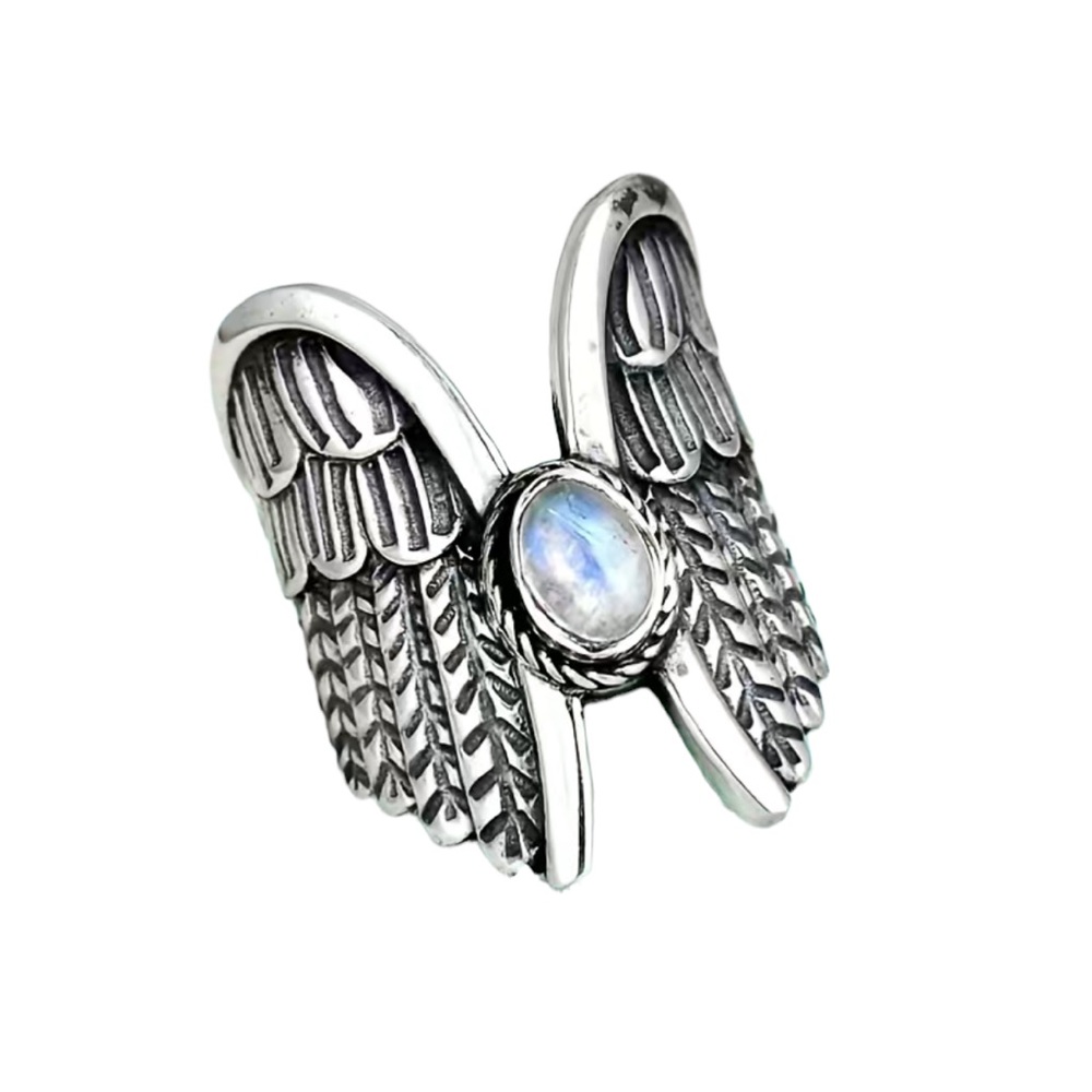 Vintage Style Silver Angel Wings with Iridescent Stone Ring